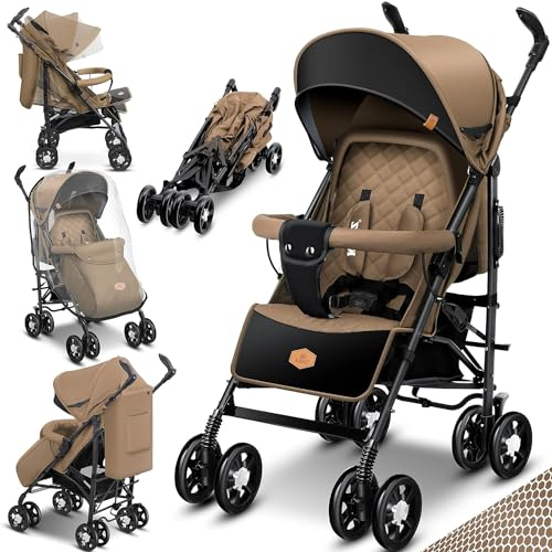 KIDIZ® Kinderwagen City-Pro Buggy Kinderbuggy klappbar Liegebuggy Sportwagen Faltbar 360° 6-Zoll-Rädern Inkl. Moskitonetz, Fußsack und Regenverdeck zusammenklappbar Schlaffunktion Khaki