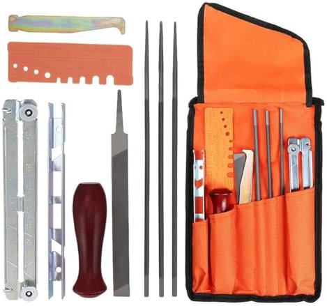 MEEIHUI 10 Piece Universal Chainsaw Sharpening Kit, Chainsaw Chain Sharpener with 5/32 (4 mm) 3/16 (4.8 mm) and 7/32 (5.5 mm) Round Files, Flat File, Depth Gauge, Filing Guide Holder, Handle.