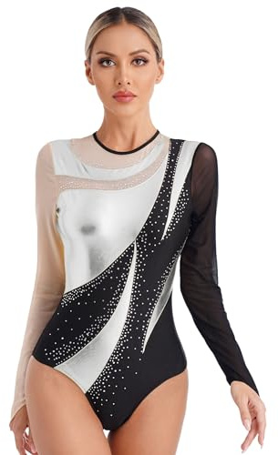 Oyolan Damen Glitzer Ballettanzug Langarm Turnanzug Leotard Body Ballett mit Strass Eiskunstlauf Tanzbekleidung