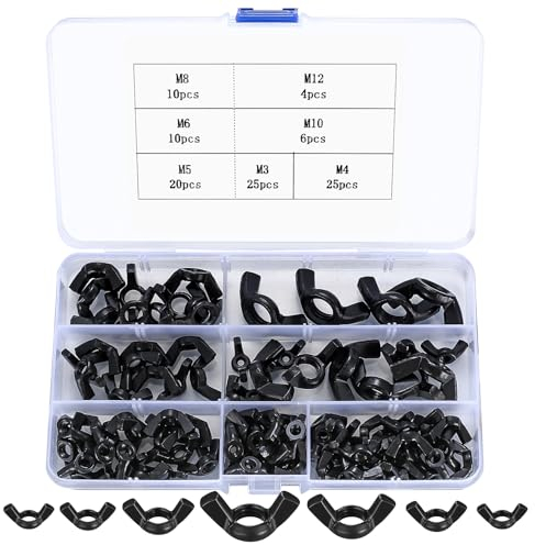 100 Stk Flügelmuttern Sortiment Kit, Kohlenstoffstahl Flügelschrauben, Schmetterlingsmutter Wing Nut Kits für Heimwerker DIY Tools elektronische Geräte Hardware, M3/M4/M5/M6/M8/M10/M12(100 schwarz)