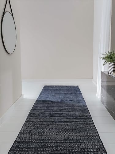 benuta Pop Alfombra Algodón Tom - Azul Oscuro 70x200 cm - Tejida a Mano para Dormitorio, Sala de Estar y Salon - 100% Reciclado - Apta para Suelos radiantes