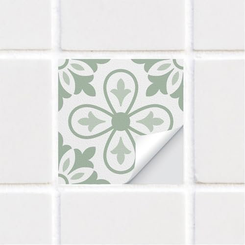 funlife 10 PCS 15X15cm Self-Adhesive Tile Stickers, Textured Vinyl Stick on Tiles, Backsplash Wall Art Decal for Kitchen DIY Decoration, Sage Green Vintage Clover