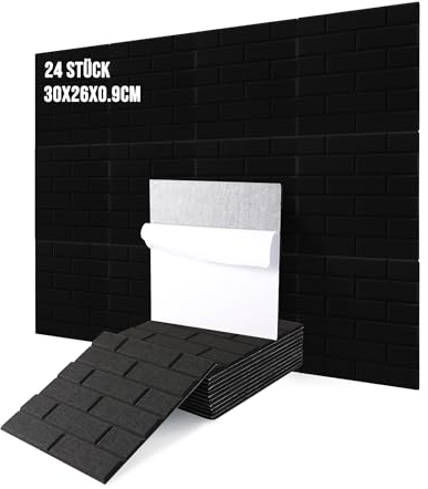 Ezcasch 24 Pièces Panneaux Acoustiques Autocollants Forme Brique, Isolation Phonique Carreaux Muraux, Panneaux Insonorisés Auto-adhésifs Haute Densité pour Bureaux/Studios/Maison 30x30x0,9cm,Noir
