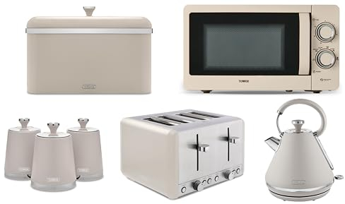 Tower Cavaletto Latte Pyramid Kettle, 4 Slice Toaster, 800W 20L Microwave T24042MSH, Bread Bin & Canisters Set. Contemporary Matching Kitchen Set of 7 in Latte Colour, TWRCAVPJT4MICBBCANSLATTE