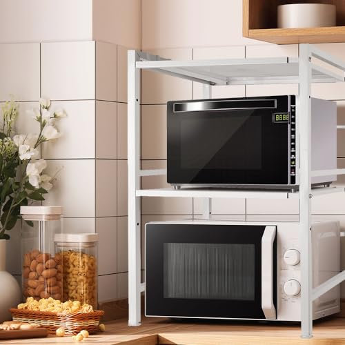 Supfine Mikrowellenregal (3-Stufig) - Extrem Standfest I rutschfeste Füße I Höhen & längenverstellbares Mikrowellen Regal 40-64cm Erweiterbares Mikrowellenhalterung mit 6 Haken (Weiß, 3-Stufig)