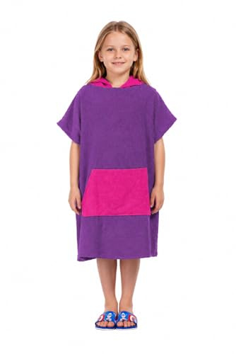 Kinder Badeponcho, Surf-Poncho Handtuch & Umkleide-Bademantel 6-13 Jahre | 100% Baumwoll-Frottee 370 g/m², Kapuze, Fronttasche, gratis Haartuch, für 115-160 cm, Umziehen, Pool/Strand