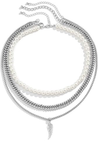 Generisch Perlenkette Weiß, Perlenkette für Herren Faux Perlenkette Herren Halsketten, Mehrlagig Kreativ Stapelbar Halsketten, Herren Perlenkette 3 Stück Feder-Perlen-Anhänger für Perlen Kette Herren