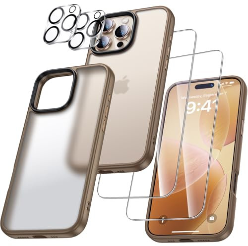 UniqueMe für iPhone 16 Pro Hülle, 5-in-1-Set Handyhülle für iPhone 16 Pro Case Rundumschutz Schutzhülle Cover,1 Handyhülle & 2 Schutzfolie & 2 Kameraschutz -Matt Gold