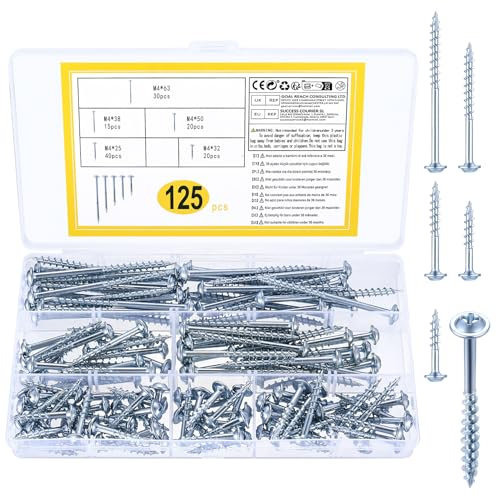 125 Pcs Juego de Tornillos M4, Tornillos para Madera, Tornillos de Cabeza Plana Cruzada, Tornillos de Cabeza Alomada, Tornillos Autorroscantes de Cabeza de Oblea para Cubiertas Madera Plástico