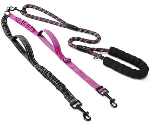 SlowTon Doppelte Leine für zwei kleine Hunde, 360° drehbare doppelte Hundeleine mit 4 Griffen, superleicht für Welpen unter 20 Pfund, reflektierender verstellbarer Riemen und stoßabsorbierendes Bungee