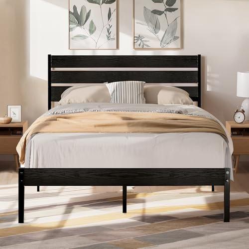 VECELO Bettgestell 140 x 200 cm, Metallbett mit Dick Holzkopfteil und Lattenrost, Doppelbett mit Stauraum unter dem Bett, perfekt für Schlafzimmer, Schwarz