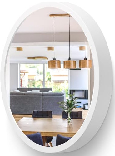STOLARNIA PIKA Wandspiegel mit Holzrahmen (∅37 cm) - Spiegel Rund Holz Weiß - Kleine Runder Bad Spiegel für Badezimmer, Flur, Wohnzimmer, Schlafzimmer - Stilvoller 40 cm Badspiegel LEJA