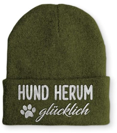 tshirtladen Beanie Hund Herum glücklich Wintermütze Mütze mit lustigem Spruch, Farbe: Olive
