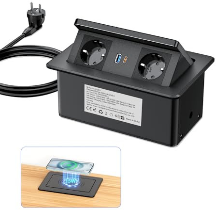 Ohuo Enchufe Empotrable Mesa con USB C 20W y 15W Cargador inalámbrico, Regleta Empotrable Negro, Cable 2m