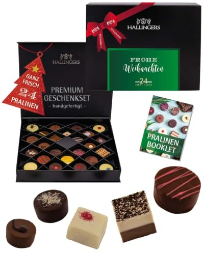 Hallingers Genuss Manufaktur Pralinen Weihnachts-Geschenk - ohne Alkohol, handmade aus Confiserie-Edelkakao in wertiger FirstClass-Geschenkbox Frohe Weihnachten, Weihnachten für Frauen Männer