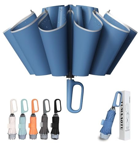 TUMAAOTU Compact Inverted Umbrella with Never Forget Carabiner Handle - Travel Umbrella Windproof Strong, Automatic Umbrellas for wind rain, Auto Open Close, 10 Rib Durable Frame for Women Men (Blue)