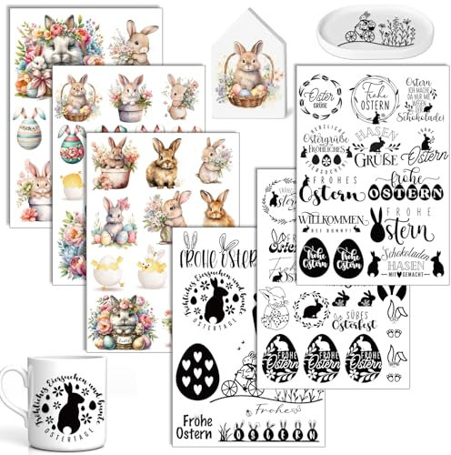Rub On Sticker Ostern, 6 Stück Transferaufkleber, Rub Ons Sprüche, Rub On Folie zum Basteln und Dekorieren für Raysin Keraflott Möbel Glas Holz Osterdeko