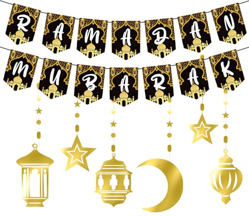 HFMYGS Ramadan Deko, Ramadan Mubarak Banner Stern Mond Laterne Girlande Eid Mubarak Dekoration Set, Ramadan Kareem Deko für Muslim Islamic Party Ramazan Dekor
