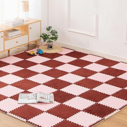 Ineinandergreifender Teppich 10 Stück 12X12 Zoll Schaumstoff-Bodenkissen ineinandergreifende Teppichfliesen, weiche, flauschige Plüsch-Puzzle-Bodenfliesen for Wohnzimmer, Schlafzimmer Dekoration(Pink+
