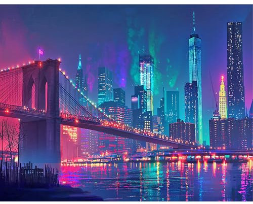 SHEGZHUC 50x40cm Diamond Painting New York City Brücke Brooklyn Bridge Neon Nacht Diamond Painting Landschaft Mosaik Diamant Malerei Kunst Stickerei Kreuzstich Bilder Geschenk Wanddekoration