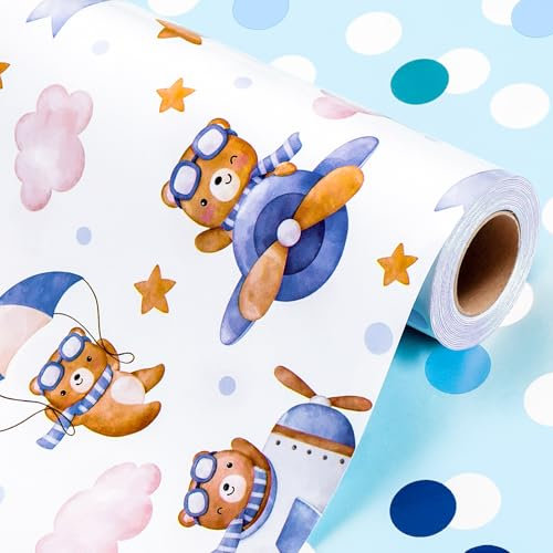 Wikadlik Geschenkpapier mit süßem Bär, wendbares Raumschiff und blaue Punkte, Geschenkpapier für Kinder, Geburtstag, Babyparty, Neugeborene, 43 cm x 10 m