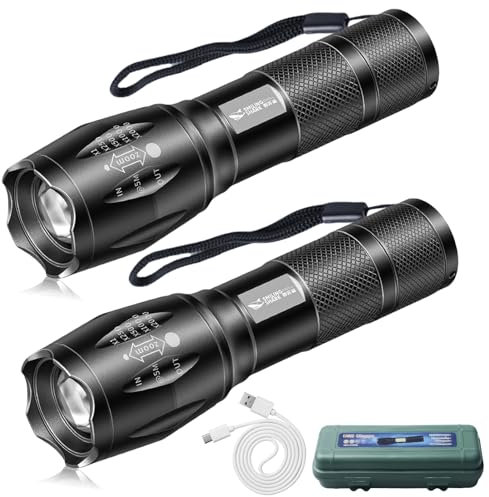 GOMETY 2 Stück 4 in 1 LED Taschenlampe, 4 Modi 5000LM Multifunktionale Taschenlampe mit Rot Grün Blau Weißes Licht, USB Wasserdichte Lampe mit Verstellbarem Fokus für Angeln Camping Foto