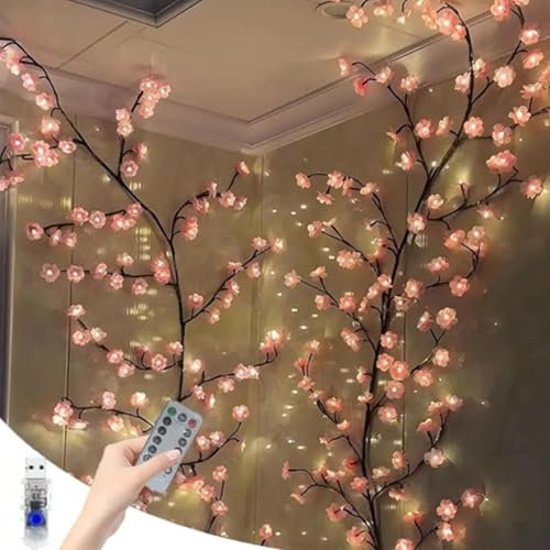 Gresonic 120cm 48 LEDs Lichterkette Kirschblüten,kirschblüten deko,Willow Vine mit Fernbedienung, 8 Modi, USB-Betriebene Timer, Kirschblüten Zweige Lichter für Schlafzimmer Deko Weinachtsdekorationen