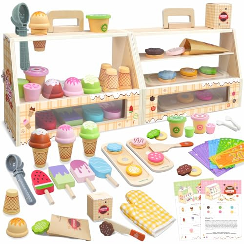 SIMPLIPLAY 2 in 1 Portable Wooden Ice Cream Toy & Cookie Play Set (63pcs), Slice and Bake Cookies, Scoop and Serve Ice Cream Counter with Pretend Play Food, Play Kitchen Accessories, Kids Gift Ages 3+