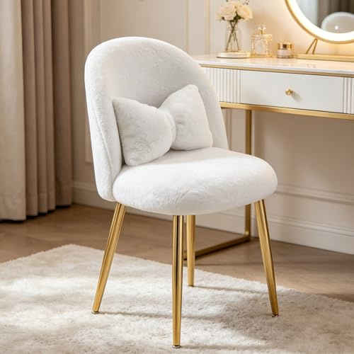 LEADZM Sessel Wohnzimmer, Schminktisch Stuhl, Weiß | Loungesessel Lesesessel Akzentsessel Einzelsofa Schlafzimmer, mit Kunstkaninchenfell, verstellbare Metallbeine