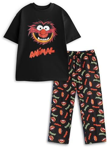 Disney Muppets Tier Pyjama Set für Herren, Kurzarm, Lange Beine | Schwarz-rote Cartoon-Nachtwäsche | Entspannende Loungewear zum Schlafen und Faulenzen | Muppets-Fanartikel