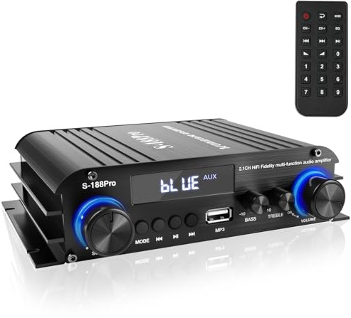 Romicta Amplificatore audio stereo 2.1 canali, Amplificatore HiFi Bluetooth 5.0 con uscita subwoofer, 300 W×2 +360 W, USB/AUX, controllo bassi e alti, per subwoofer e altoparlanti attivi/passivi