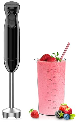 Bonsenkitchen 2-in-1 Pürierstab, 1000 W Edelstahl-Stabmixer | 2 Geschwindigkeiten, 700 ml Messbecher mit Deckel, für Babynahrung, Suppen, Smoothies, Pürees, Schwarz