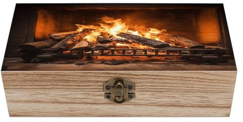 Caja de recuerdos de madera grande para chimenea ardiente con tapa con bisagras, caja de almacenamiento retro de madera bloqueada, caja de recuerdo de memoria suave para manualidades y almacenamiento
