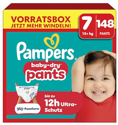 Pampers Baby-Dry Pants Größe 7, 148 Windeln, 15kg+ | 360° auslaufsichere Passform für Tag und Nacht