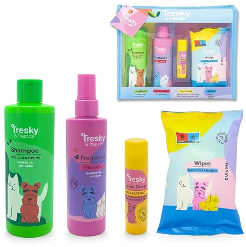 Hundeshampoo, 300 ml, Creme-Pads für Hunde, Stick 15 g, 20 Feuchttücher und beruhigendes Hundeköln, 200 ml, Hygiene- und Pflege-Set mit Kulturbeutel für Ihr Fell Dog Shampoo, Paw Balm Dog