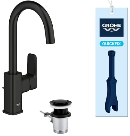 GROHE Dice, Waschtischarmatur hoch, wassersparend (Wasserhahn für das Bad, Badarmatur mit Zugstangen-Ablauf, 31cm hoch, mit 3in1 Werkzeug, einfache Installation), mattschwarz, 1018712430