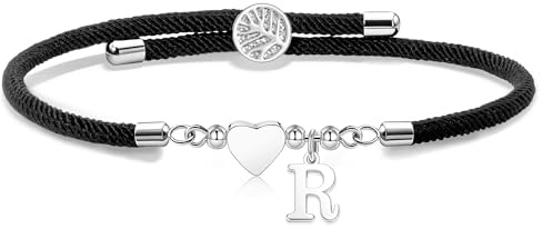 Suonie Regalo de Pulsera de Cuerda de Trenza Hecha a Mano,Pulsera Ajustable del Corazón de Plata 26 Inicial A-Z Para la Hija Hijo Madre Hermana Cumpleaños Navidad (R)