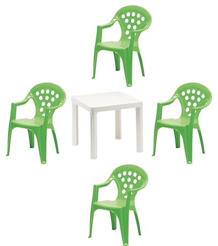 Hline Kinder Garten Sitzgruppe Tisch mit Stühlen Gartenstuhl Sessel (1 Tisch 4 Stühle grün)