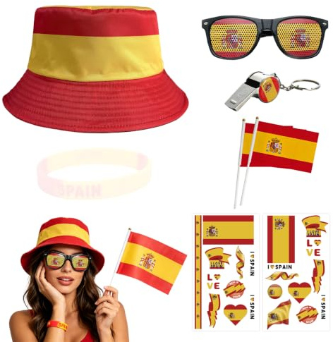 Set Aficionado España 8 Piezas, Gorro, Gafas, Pulsera, Silbato, Pegatinas y Banderas de Mano, decoración para Fútbol, Bar, Calle, Desfile y Eventos