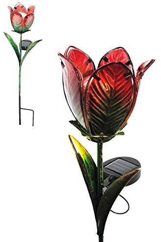 alles-meine.de GmbH Solar Leuchte Blume - Tulpe - rot & grün - mit LED Licht - handbemaltes Glas - Garten Wetterfest für Außen - Gartendeko Solarleuchte Solarbetrieben - Late..