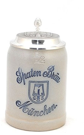 Bierkrug Spaten-Bräu Steinkrug mit Zinndeckel salzglasiert, 0,5 Liter Fassungsvermögen, Steinzeug, Geschenkidee aus Bayern