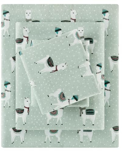 Sleep Philosophy True North Cozy Flanell Warm 100% Baumwolle Bettlaken – Neuheit Druck Tiere Sterne Niedlich Ultra Weich Kaltes Wetter Bettwäsche-Set, Twin XL, Seafoam Lama 3-teilig
