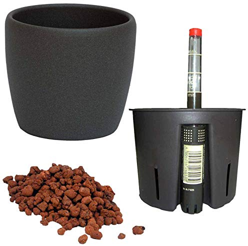 happy nature Set4 Keramik Blumentopf Venus 13/12 dunkel grau + Bewässerungs - Set für Hydropflanzen Ø 16.0 cm H 14.0 cm