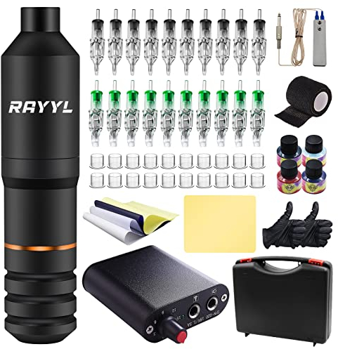 Tattoo Machine Pen Kit - Rayyl, Tattoo Machine Kit with Rotary Machine, 20pcs Cartridges Needles, Mini Power Supply, Grip Tape, Tattoo Practice Skins, ink Caps for Beginners & Professional Artists…