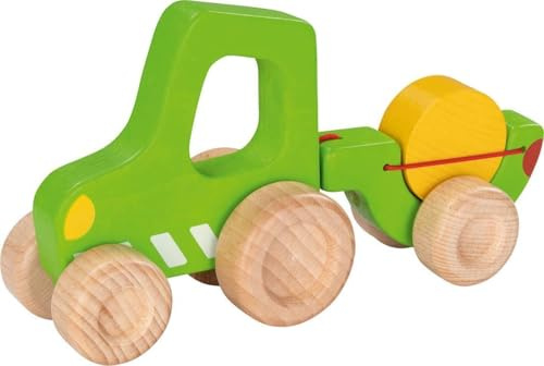 goki 55876 - Traktor mit Anhänger aus Holz, Robustes Fahrzeug mit beweglichen Reifen, flexibler Anhänger und Heuballen, leicht zu greifen, fördert die Motorik der Kinder, 21cm x 6cm x 11cm, ab 2 Jahre