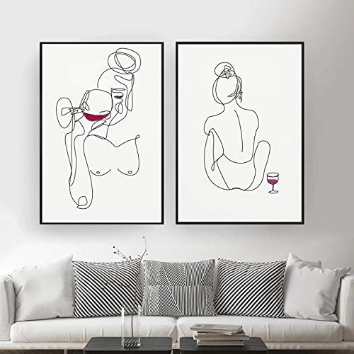 SXKJ Frau Kunstdruck Abstrakte Strichgrafik Bild Zeichnung Wandmalerei Rotweinglas Getränk Poster Modulares Bild Wohnkultur 20x30cmx2 Rahmenlos