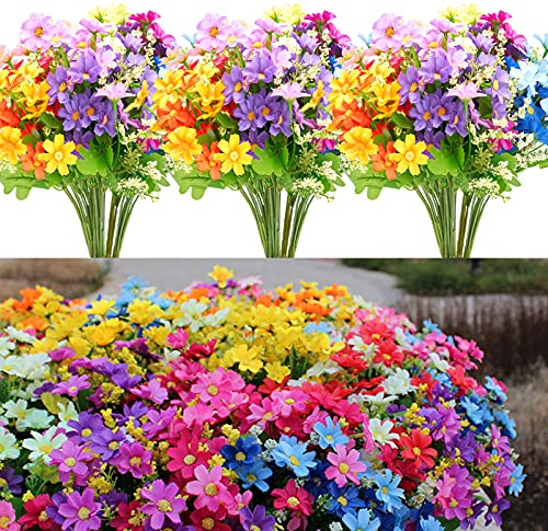 18 Bundles Outdoor Artificial Flowers for Decoration, UV Resistant Fake Flowers No Fade Faux Flowers Plastic Bouquet Hanging Plants for Indoor Outside Home Garden Porch Window Box Decor (6 Colors)