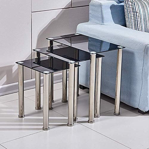 NICEME Glass Nest of Tables Set of 3, Rectangular End Table, Glass Coffee Table for Living Room (Black)