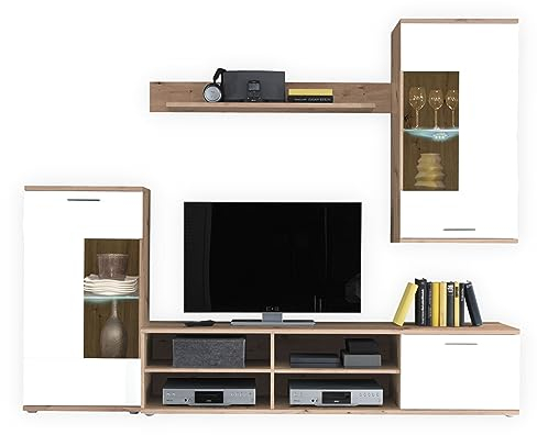 DEINE TANTE EMMA 89-570-T2 FRONTAL Artisan Eiche Nb. / Weiß Anbauwand Wohnwand Wohnzimmerschrank ca. 230 cm breit