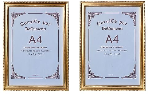 GUTEINTE Cornice A4 per Foto/Certificati 21 x 29.7 cm - Fornito con Vetro in Plexiglass di Protezione, Cornice A4 da Parete, Colore metallico, 2 Pezzi